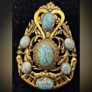 Vintage West Germany Goldtone & Faux Turquoise Necklace/Brooch 1930-1960 NWT